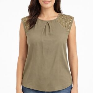B.P. Collection Olive Green Sleeveless Blouse with Gold Studded Shoulders – Size